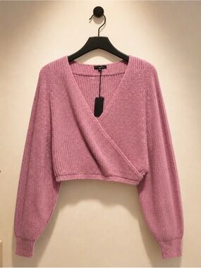 Cropped V-Neck Wrap Sweater in Dusty Pink